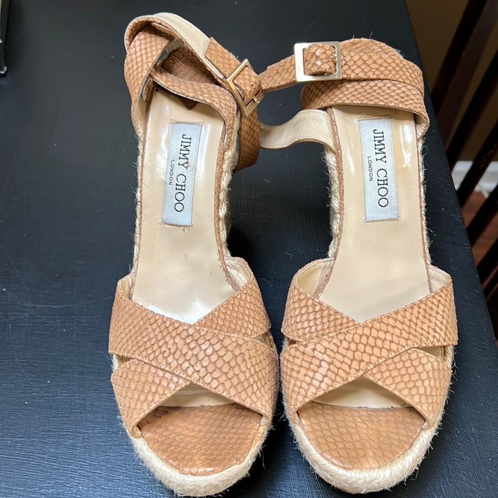 Jimmy Choo Pepper Brown croc Leather Espadrille Wedge Sandal